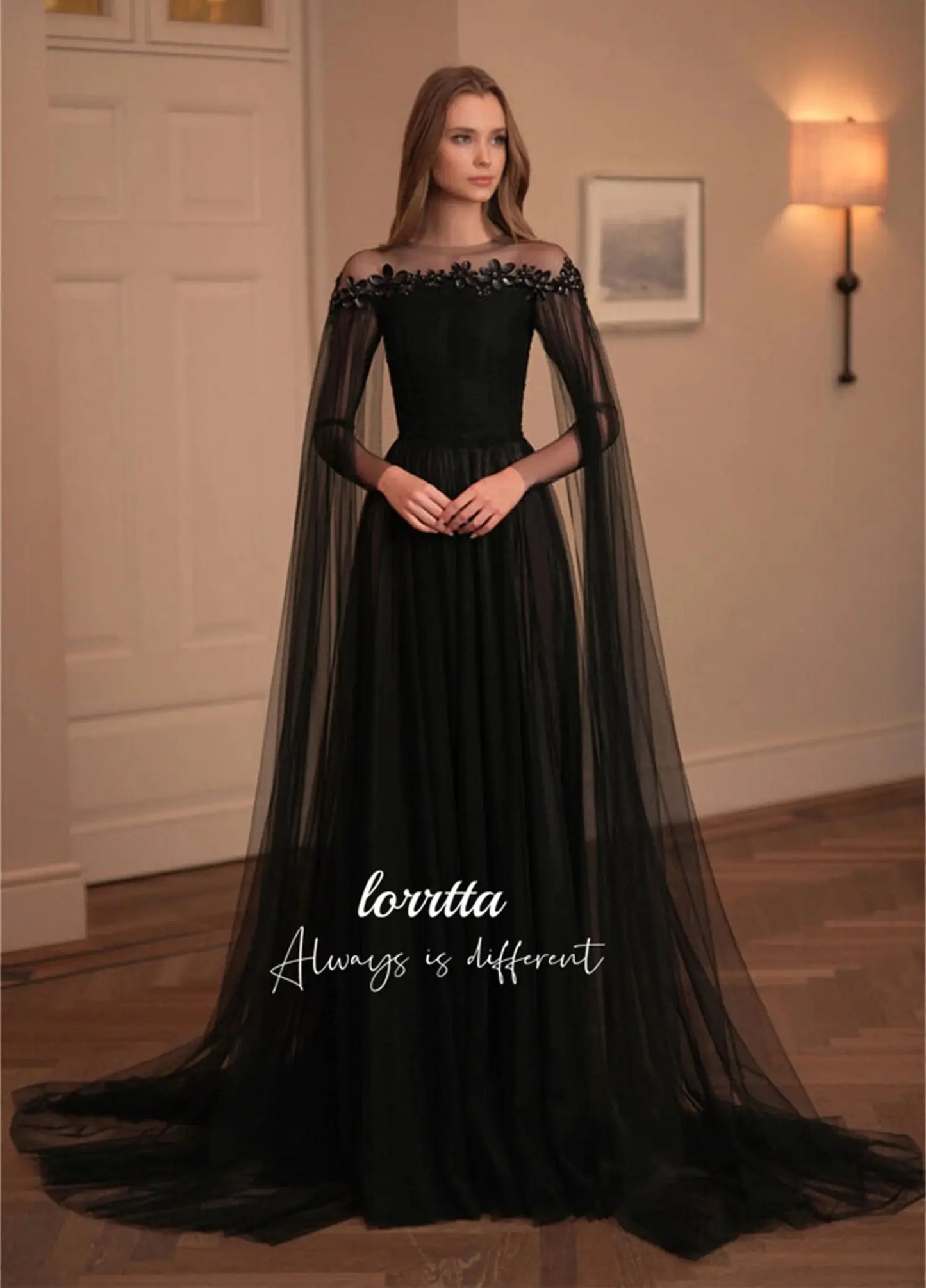 Lorrtta Three-dimensional Shiny Decoration Black Evening Dress Line A Elegant Party Dresses for Wedding Night Prom Cocktail Gala