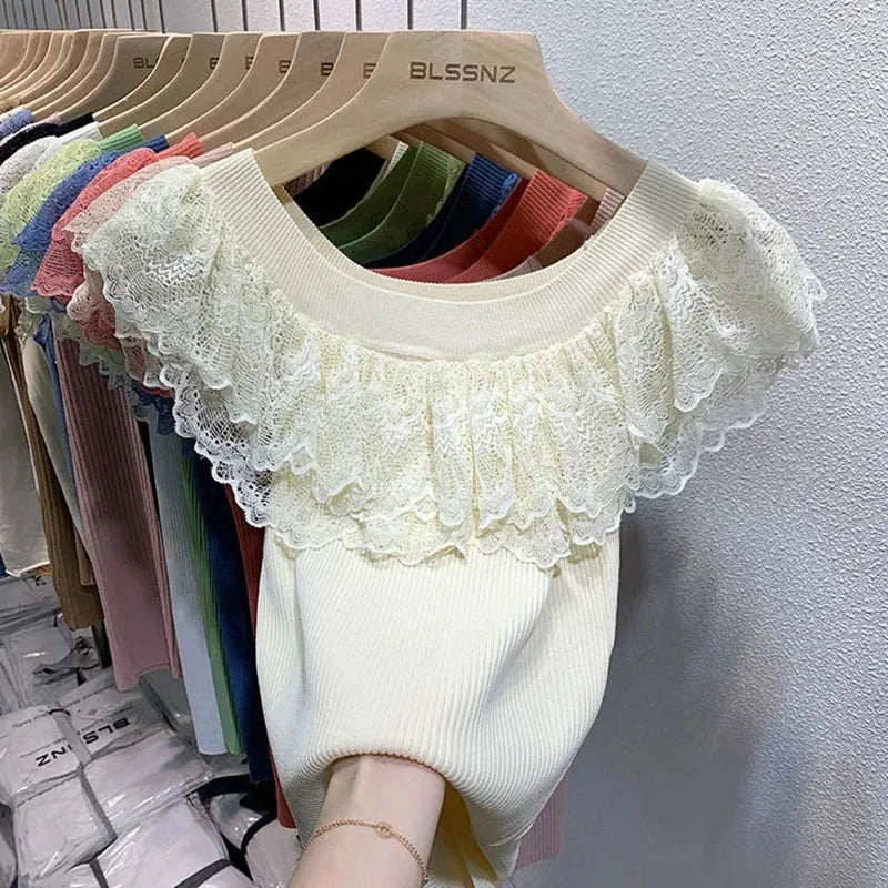 مجموعة أروين التجارية ARWEN & AJH GROUP Casual Lace Knitted Tops T-shirts Women 2024 Fashion Elastic White Black Purple Top Sexy Ladies  مجموعة أروين التجارية ARWEN & AJH GROUPT Shirts korean Clothes