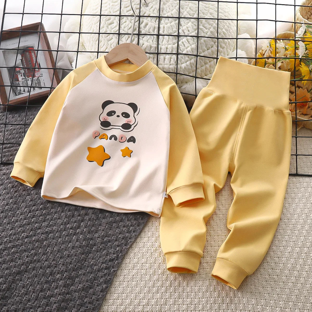 New Kids Thicken Warm Pajamas Baby Boys Girls Cute Cartoon T-Shirt + High Waist Pants Toddler Autumn Clothing Sets Loungewear