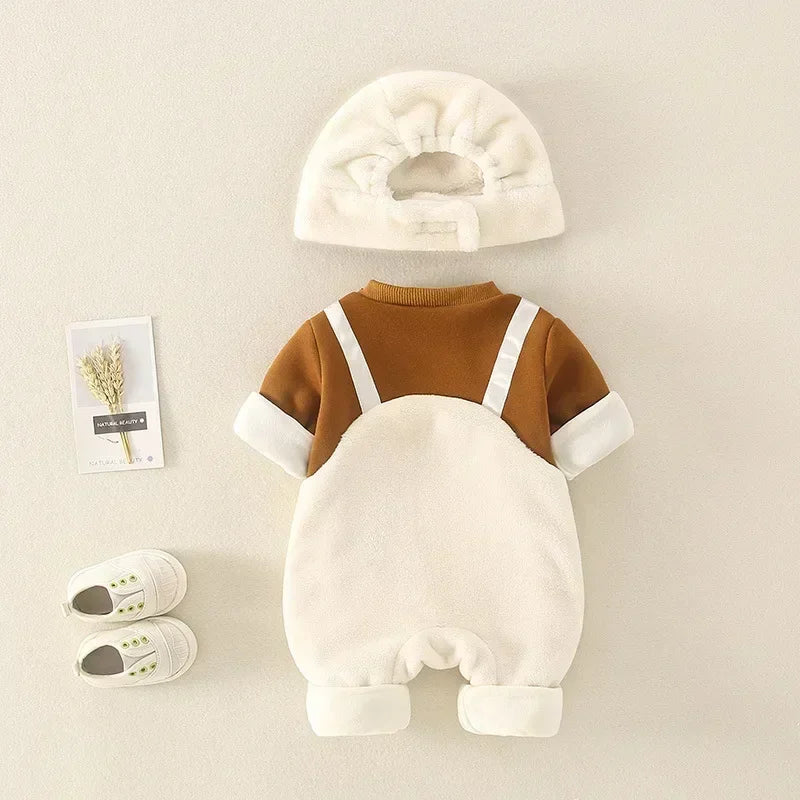 Winter Newborn Baby Clothes Plush Warm Strap jumpsuits Cute Bear Baby Girls Boys Romper Korean Style Long-sleeved Toddler Sets