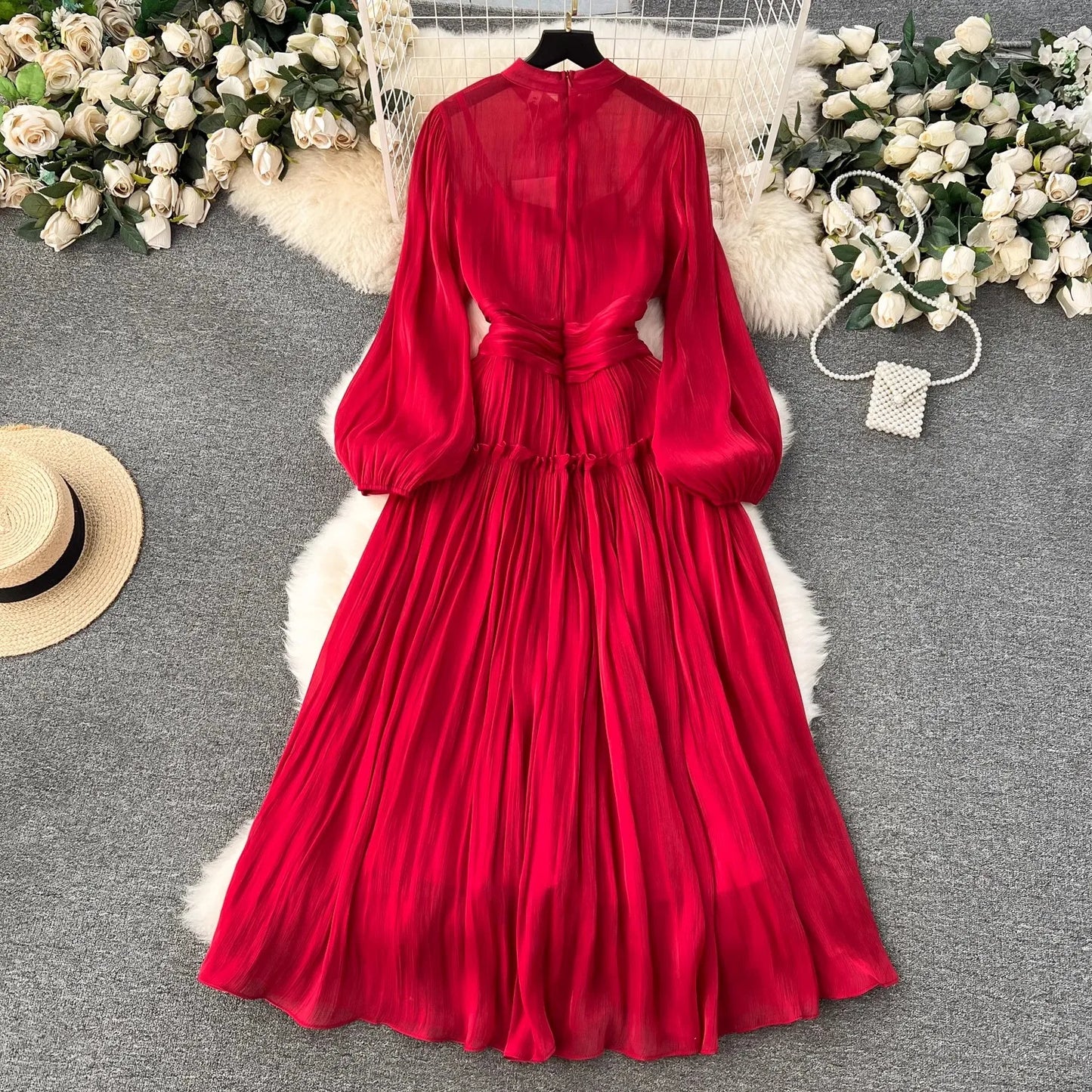 ARWEN & AJH GROUP 2024 New Elegant Spring Organza Red Puff Sleeve Prom Long Dress Fashion Women Stand Collar Ruffles High Waist Party Long Clothes