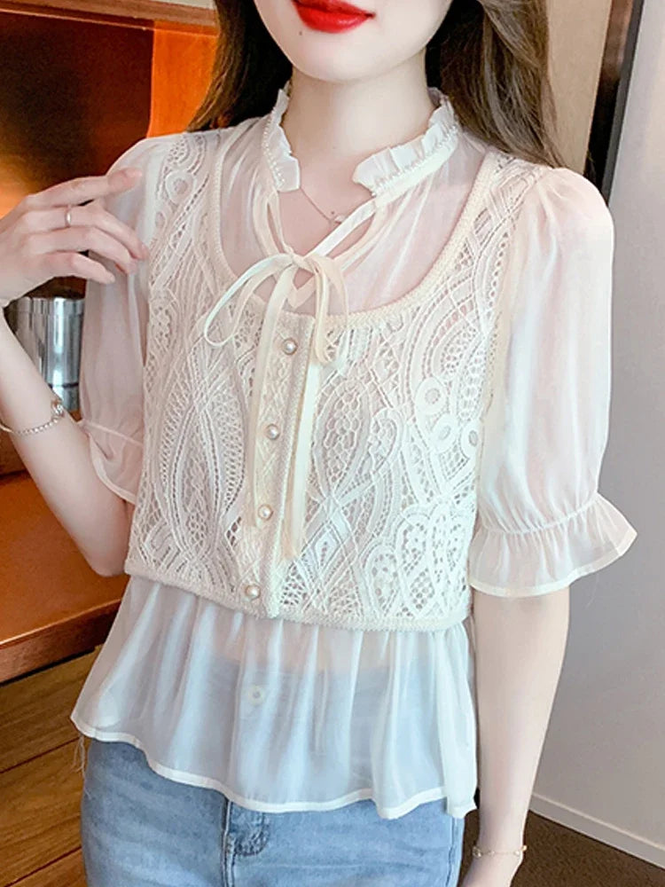 Summer V-Neck Lace Chiffon Blouse Shirt Women Tops Blusas Mujer De Moda 2024 Verano Short Sleeve Blouse Women Blouses Blusa G529