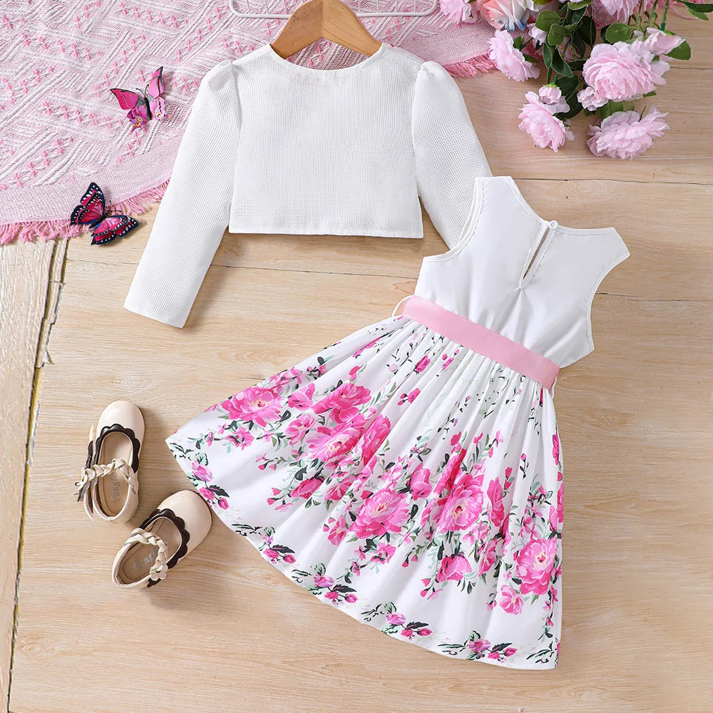 Girls Adorable Long Sleeve Clothes Cardigan & Floral Sundress Set - Soft & Stylish Two-piece Outfit for Daily Summer Adventures