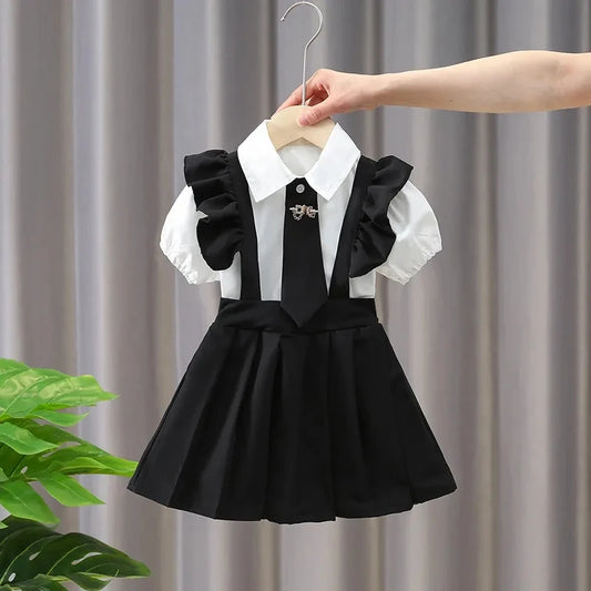 Kids Girls Dress Summer New Children's Little Girls College Style Princess Dress Baby Short Sleeve Set Skirt