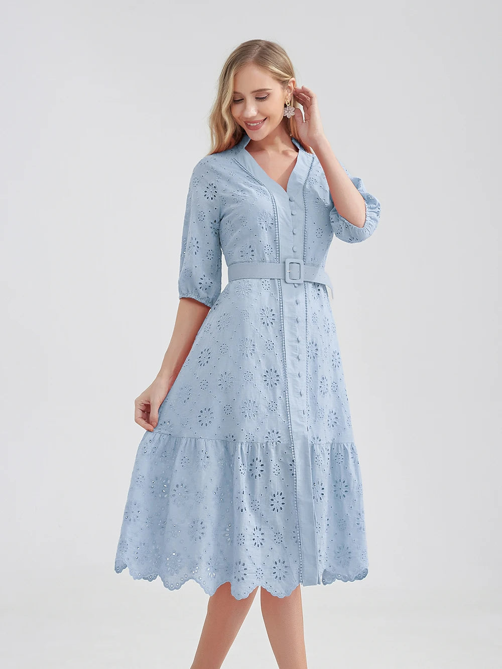 ARWEN & AJH GROUP  Cotton Hollow Out Summer Dress Women Holiday   Casual High Waist Ruffled Mini V-Neck Dresses A-line Frills