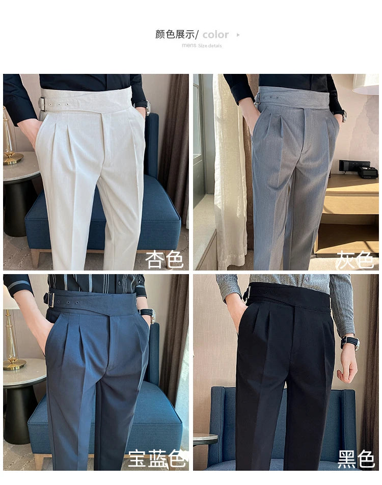 British Style Men High Waist Casual Dress Pant Men Belt Design Slim Trousers Formal Office Social Wedding Party Dress Suit Pants