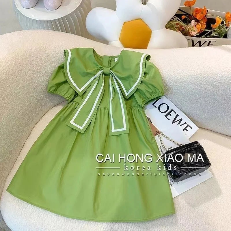 Girls College Style Green Dress Summer Korean Version Children's Fresh And Cute Princess Dress Stylish Bow Dress New 2024