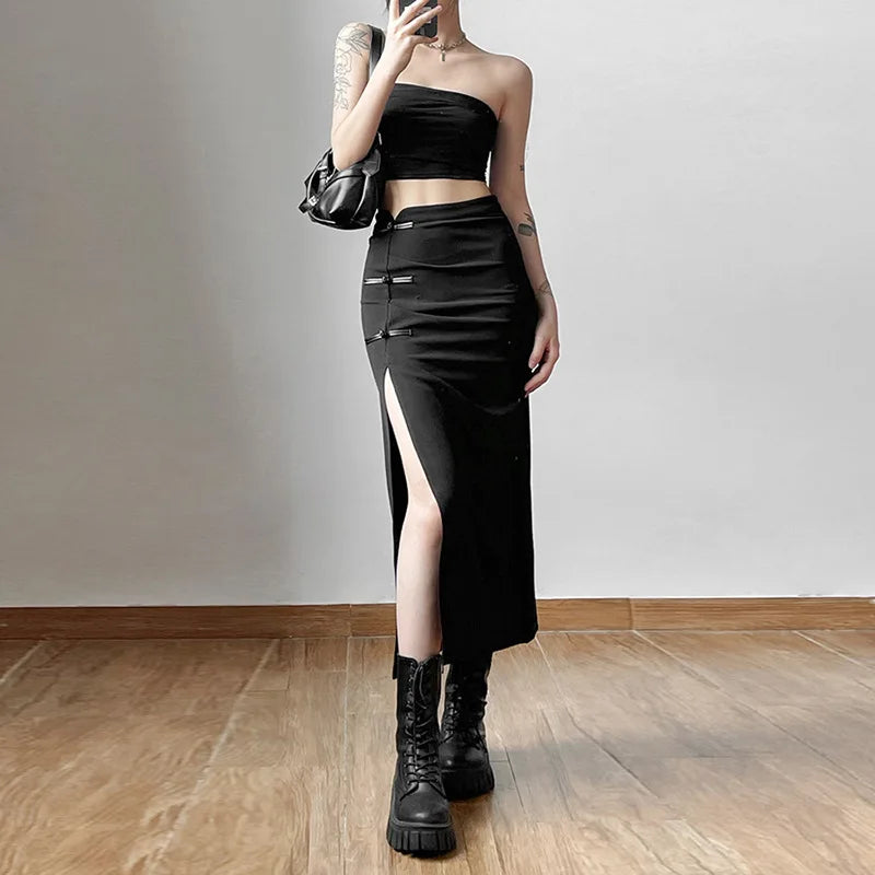 مجموعة اروين arwen&ajh group 2024  Black Skirts Sexy Women A-line Slits High Waist Slim Skirt Hip-covering Solid Mid-length Long Streetwear Street Clothes