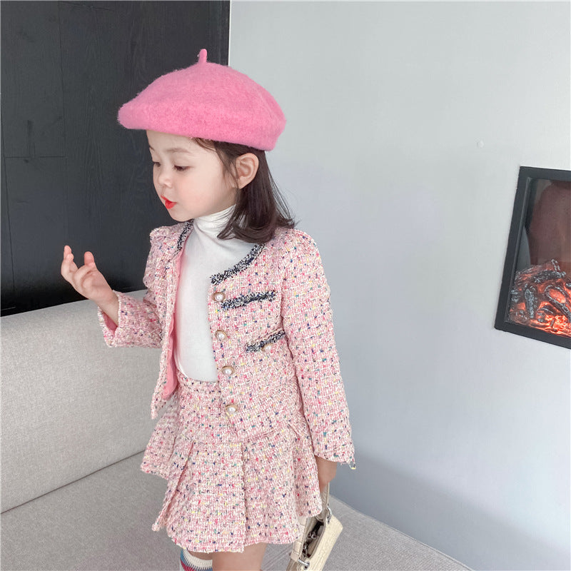 3308E Girls' Clothing Set Sweet Suit 2022 Autumn New Little Fragrant Wind Girl Two Piece Suit Knitted Coat+ Pleated Skirt