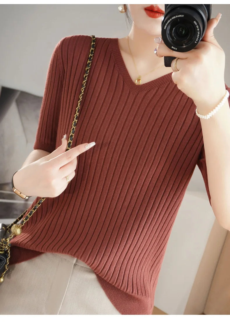 2024 new Women's Clothing Pullovers Sweaters Spring Summer New V-neck Short sleeved Knitted Shirt Base Shirt Solid Color Jumpers