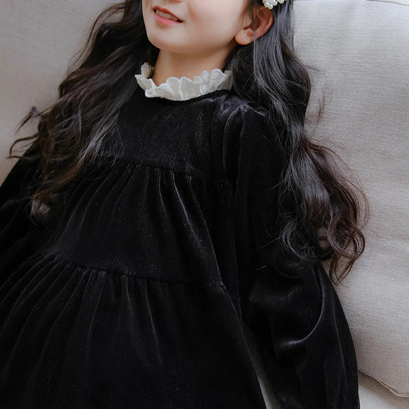 Black Velvet Dress for Girls Autumn Winter Kids Clothes Elegant Girl Princess Dress Long Sleeve Party Midi Vestidos 6 to 16 Yea