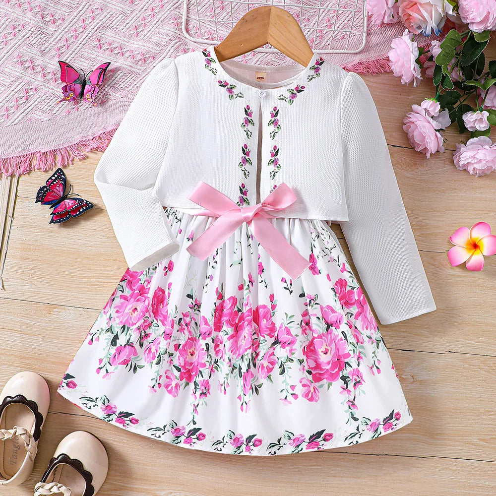 Girls Adorable Long Sleeve Clothes Cardigan & Floral Sundress Set - Soft & Stylish Two-piece Outfit for Daily Summer Adventures