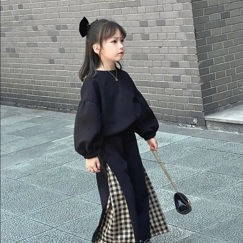 2023 Spring and Autumn Girls' Set Fashionable Children's Clothing Sets Girls' Plaid Big Bow Sweater+ Pants Set Fashion Kids Outf