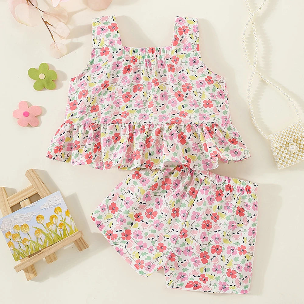 Baby Girl Clothes Set Full Flower Print Sweet Child Loungewear Toddler Girl Outfit Strap Vest+Short Pant 2Pcs Girl Suit A1207