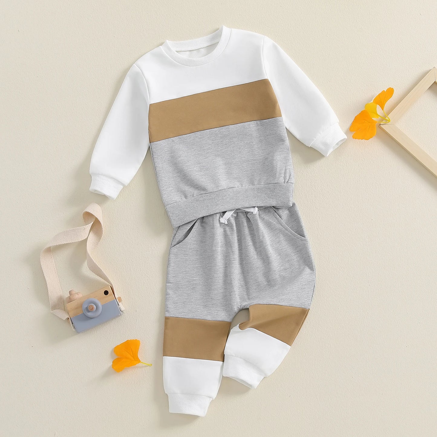 Fashion Toddler Baby Boy Contrast Color Outfits Fall Long Sleeve Crew Neck Pullover Elastic Waist Pants Tracksuit Clothing Suit