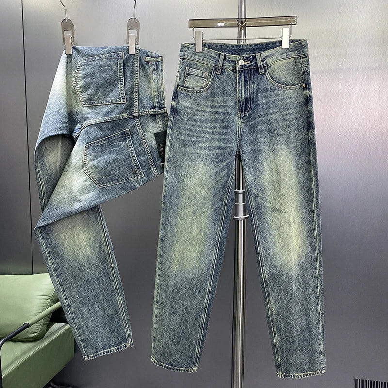 Thin section light blue jeans high-end simple fashion loose straight pants spring and summer casual versatile men's pants