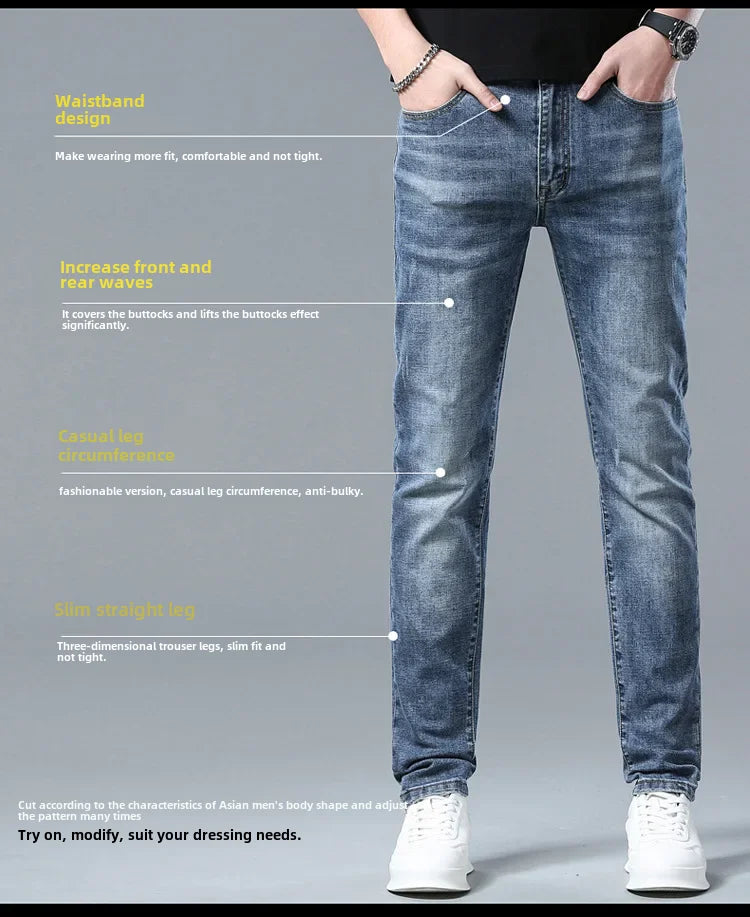 Free Shipping Slim Fit Men's Jeans Straight Leg Europe Trendy Brand Fashionable Washing Long Pants Casual Scene