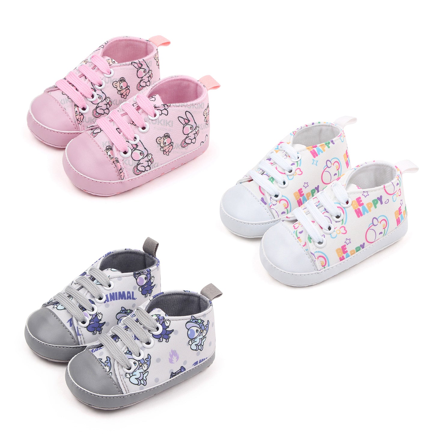 Baby Boys Girls Crib Shoes Cartoon Print Tie-Up Sneakers Non-Slip Infant First Walkers 0-18M