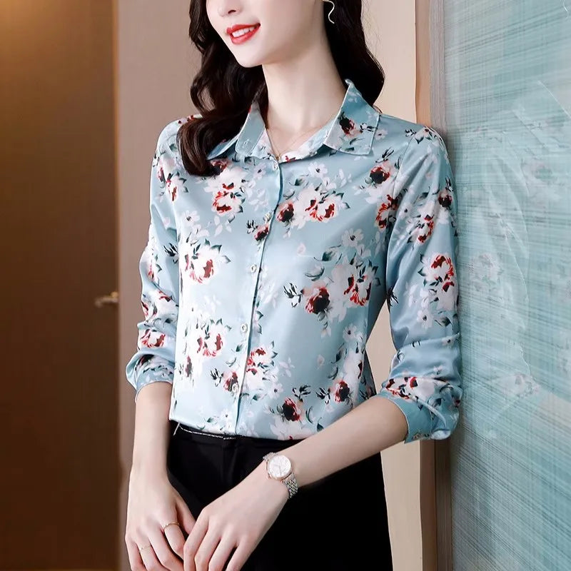 ARWEN & AJH GROUP Chic Printed Casual Office Shirts For Women Long Sleeve Silk Satin Fashion Women Blouses 2024 Elegant Female Tops  ARWEN & AJH GROUP