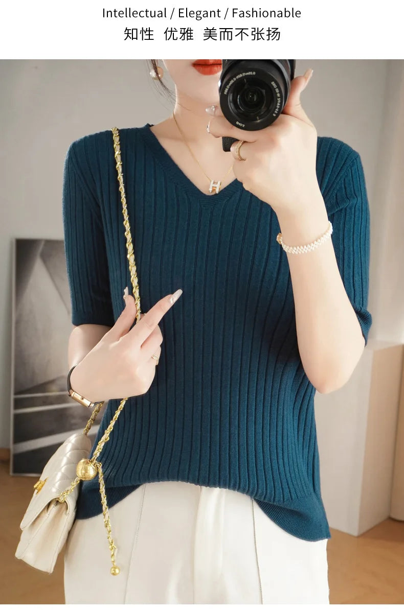 2024 new Women's Clothing Pullovers Sweaters Spring Summer New V-neck Short sleeved Knitted Shirt Base Shirt Solid Color Jumpers