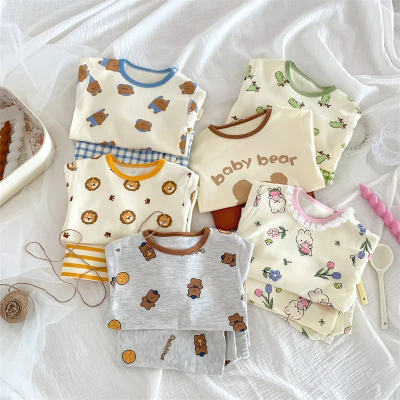 2024 Korean Ins Kids Loungewear Outfit Set Cotton Autumn Pants Boys Girls Pajamas Baby Winter Indoor Clothes 0 To 24 Months