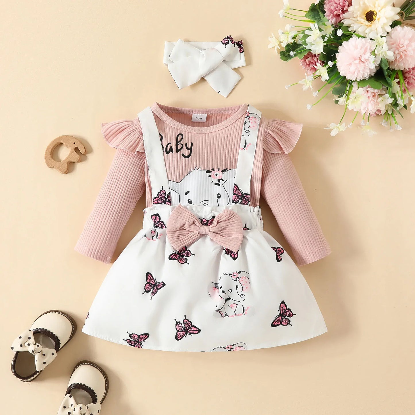 3 6 12 24 Months Infant Baby Girls Clothes Sets Cartoon Elephant Long Sleeve Rib Romper +Suspender Skirts+Headband 3Pcs Outfits