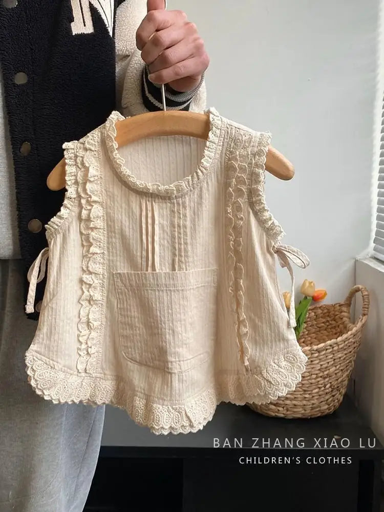 Girls Suit Embroidered Lace Vest Shirt Korean Style Sleeveless Thin Top+loose Trousers Outer Wear Casual 2-piece Set Loungewear