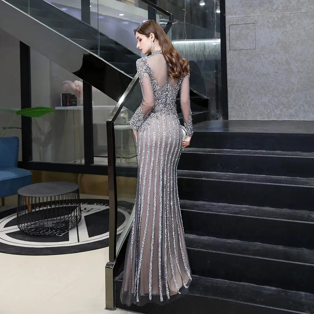 أروين AJH ARWEN  Gorgeous Long Sleeve Prom Dress Luxury Mermaid Evening Dress Gray High Neck Ilusion Appliques Beading Rhinestones Formal Gown