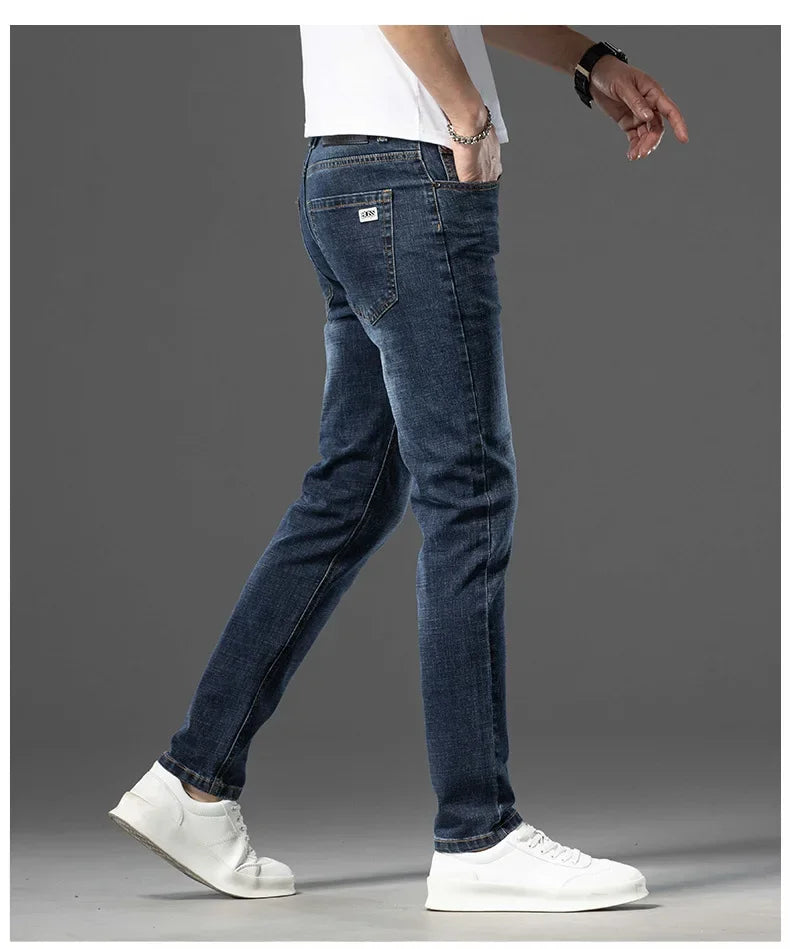 Luxury Brand Men's Jeans Slim Fit High Elasticity Versatile Blue Straight Leg Denim Trousers For All Seasons Casual Wear