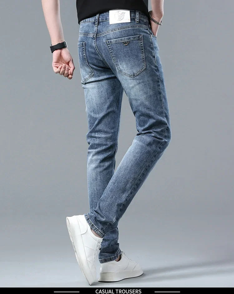 Free Shipping Slim Fit Men's Jeans Straight Leg Europe Trendy Brand Fashionable Washing Long Pants Casual Scene