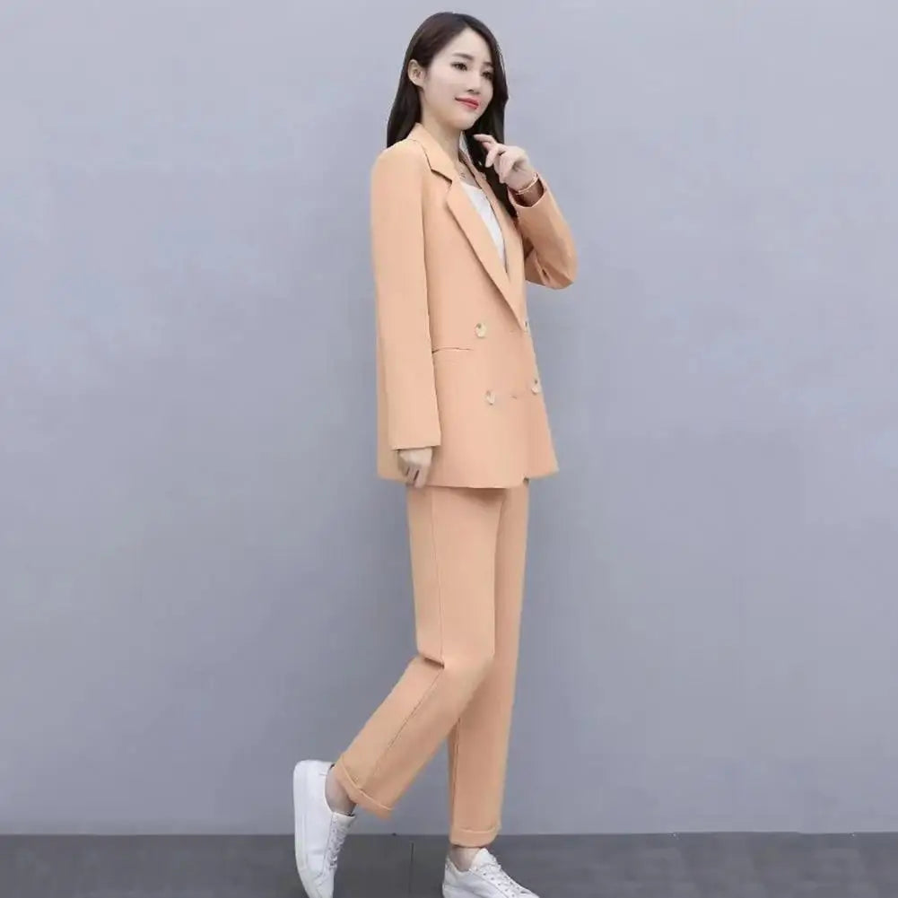 Women Spring Coat Elegant Women's Business Suit Set with Double-breasted Coat High Waist Pants for Formal Office Wear Commute