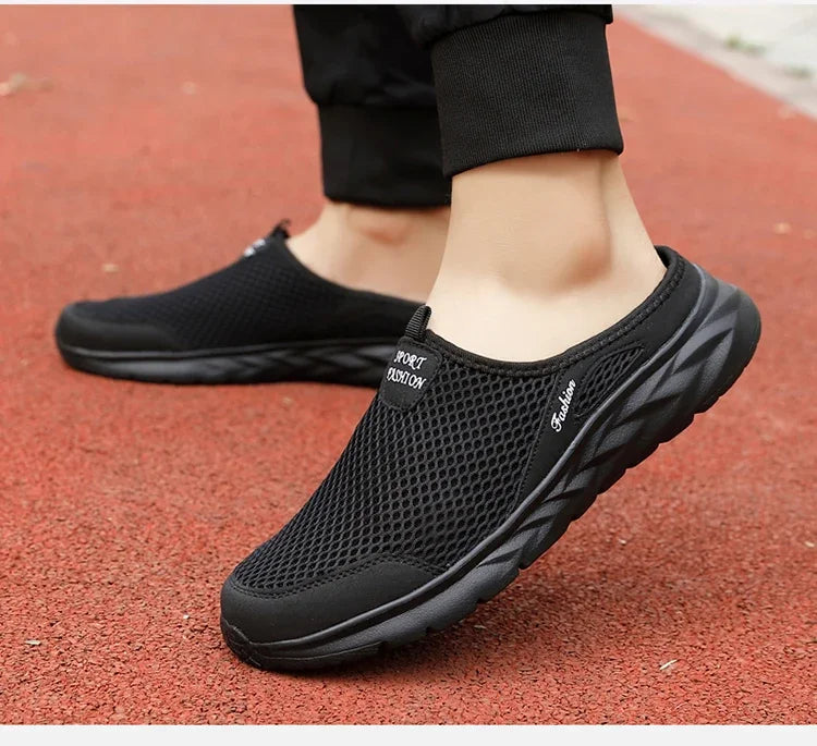 YRZL Men Half Slipper New Style Lat-soled Wild Flat-bottomed Summer Breathable Mesh Thin Section Baotou Slippers Man