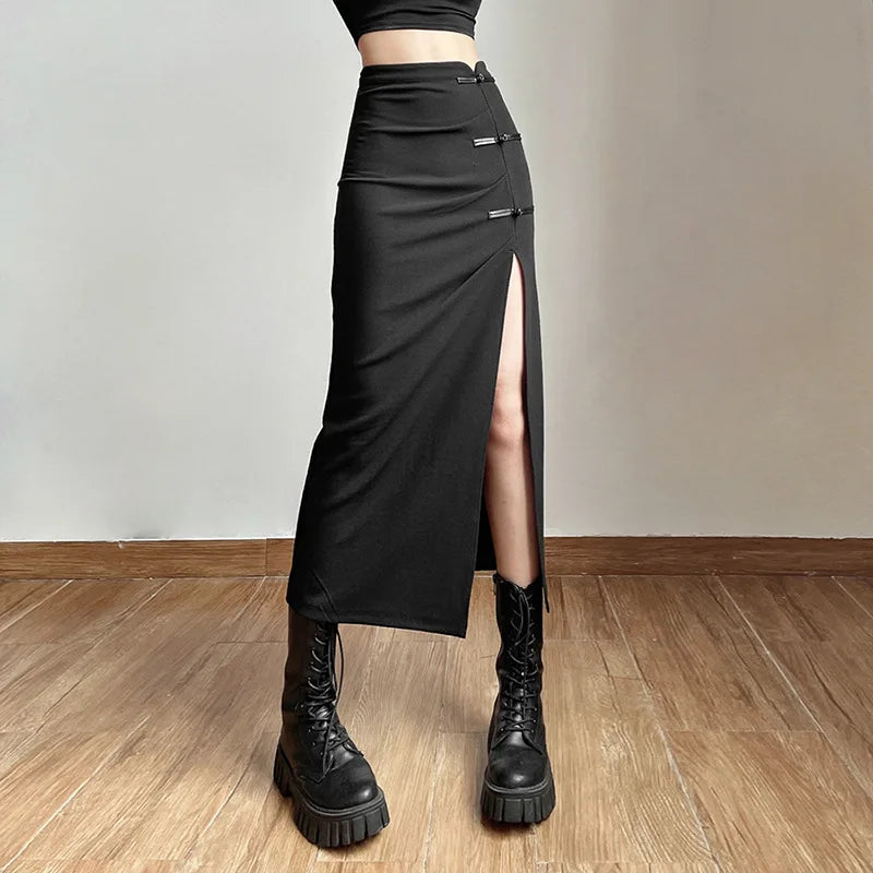 مجموعة اروين arwen&ajh group 2024  Black Skirts Sexy Women A-line Slits High Waist Slim Skirt Hip-covering Solid Mid-length Long Streetwear Street Clothes