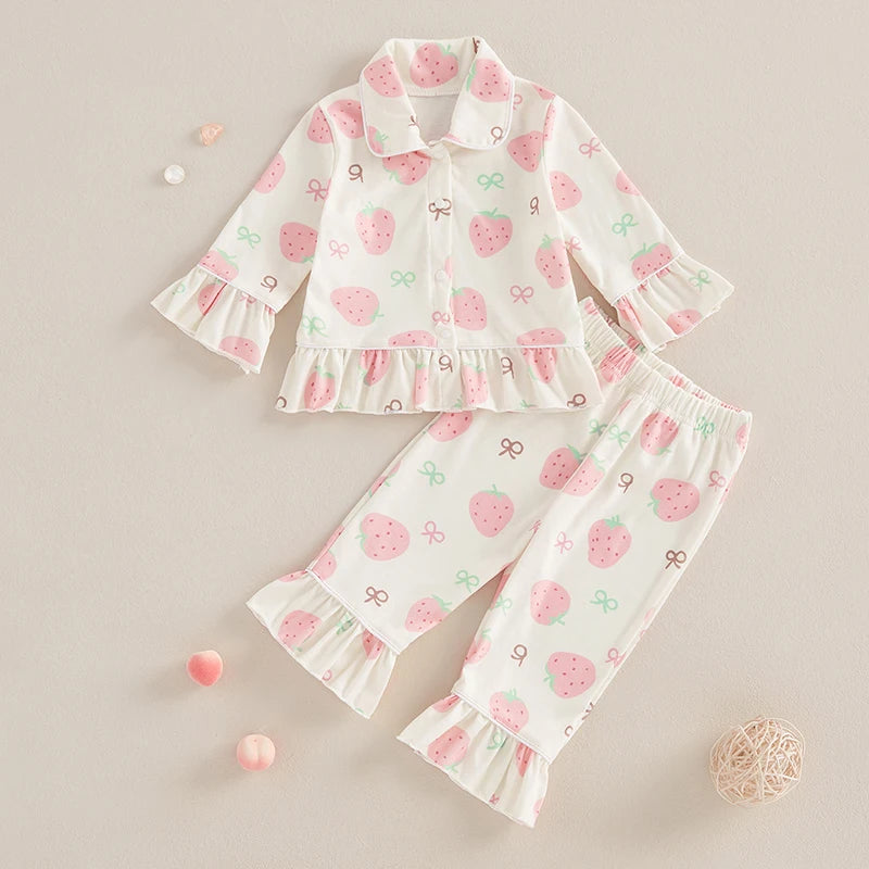 Fashion Children Kids Baby Girls Pajama Sets Strawberry/Butterfly Print Ruffles Long Sleeve Button Shirts Tops Pants Loungewear