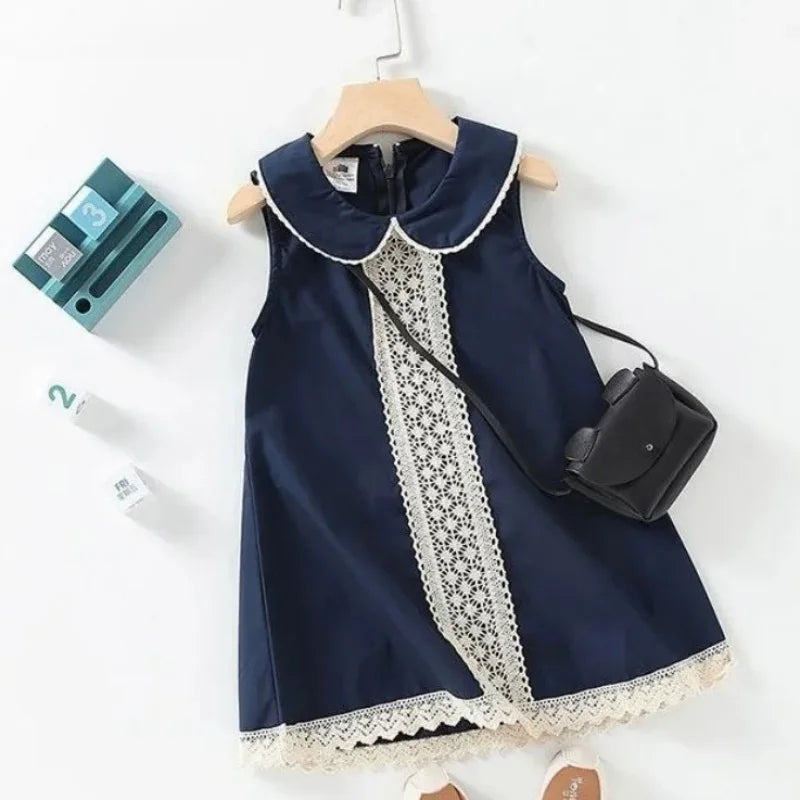 2024 Summer 3 4 5 6 8 10 12 Years Ethnic Lace Embroidery Peter Pan Collar Sleeveless Tank Sundress Cotton Baby Kids Girls Dress