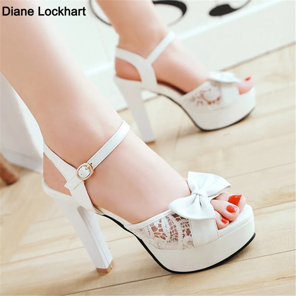 Women Summer Lace Bow Mesh Shoes Fish Mouth High Heel Ladys Platform Sandals Evening White Dress Wedding Female