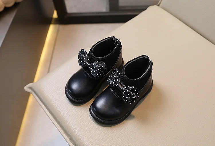 Children's Cotton Boots Winter New Kids Shoes Bow Girls Soft Bottom PU Leather Boots Baby Side Zipper Design Boots Toddler Shoes