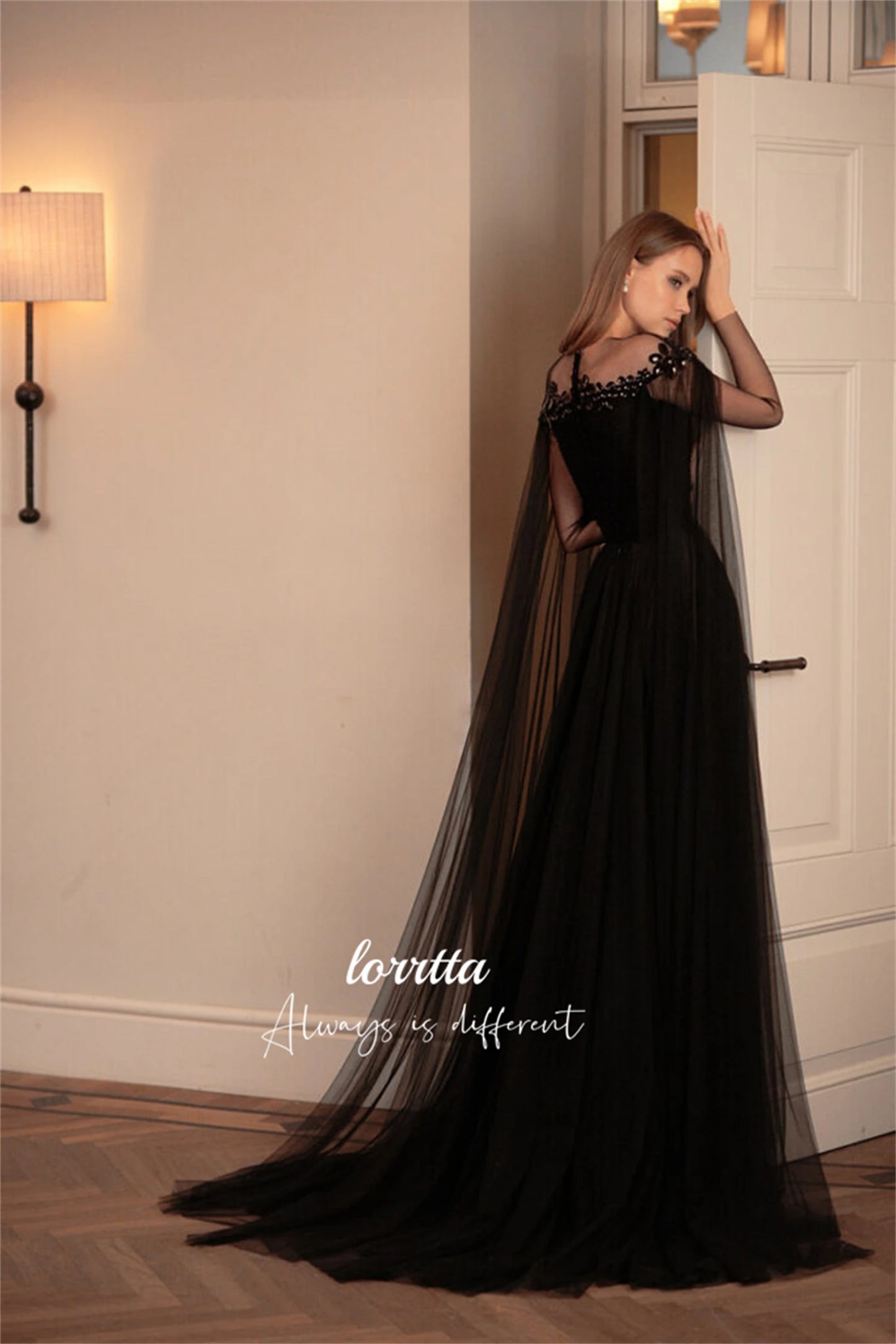 Lorrtta Three-dimensional Shiny Decoration Black Evening Dress Line A Elegant Party Dresses for Wedding Night Prom Cocktail Gala