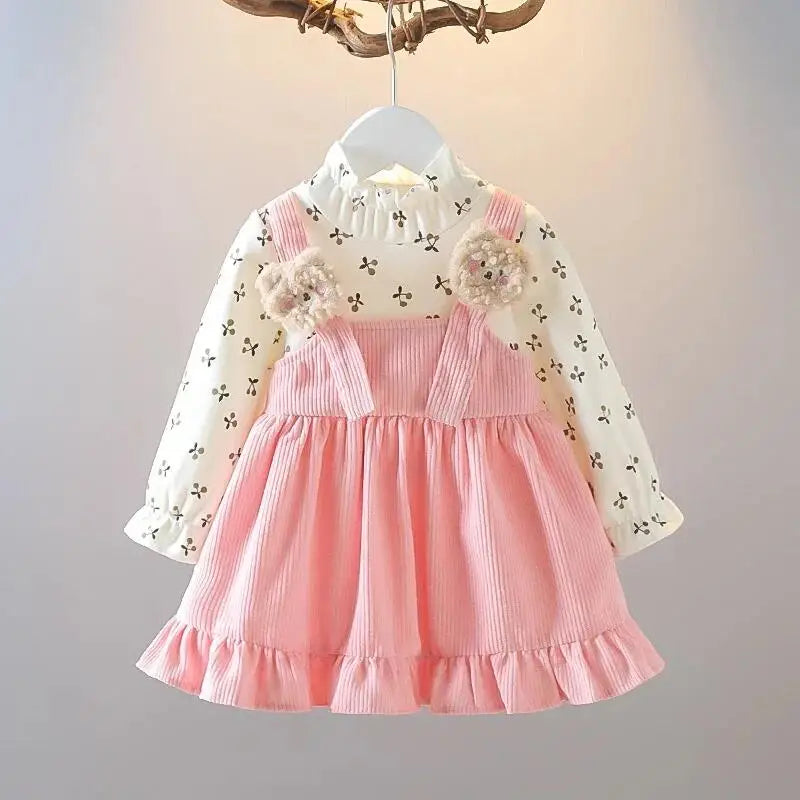 Kids Girl Long Sleeve Dress Floral Cute Bear Corduroy Strap Style Dress Fashion Lovely Birthday Party Clothes for Girl 1-6 Years