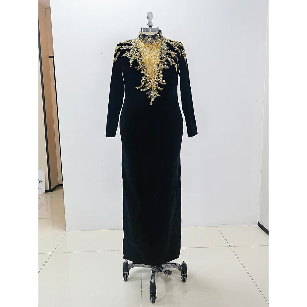 arwen group & ajh مجموعة اروين Elegant Women Black Appliques Crystal High Neck Long Sleeve Floor Lenght Formal Occasion Luxury Special Party Evening Dress