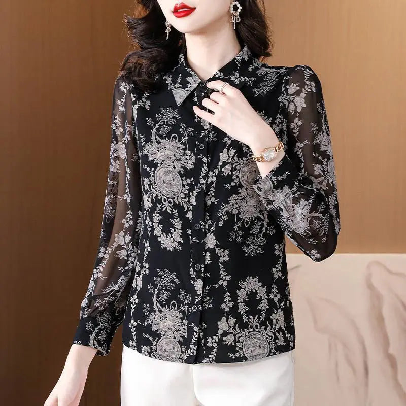 Spring and Autumn Women's Turn Down Collar Loose Long Sleeve Single Treated Printed Blouse Fashion Casual Office Lady Tops