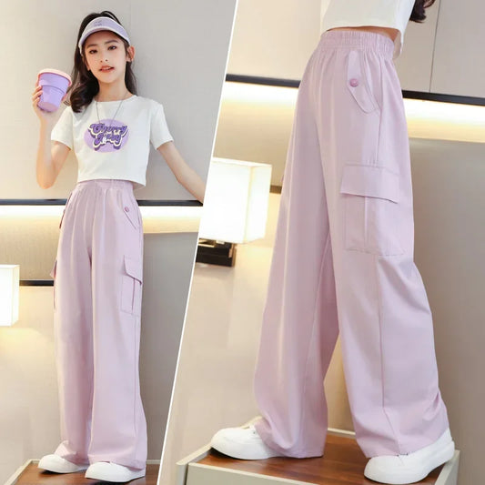 Children's Set for Girls Short T Shirt + Long Pant Loose Simple Style Two Pieces for Teenager Clothes Loungewear Outfit