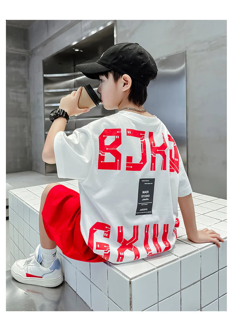 Junior Boy Summer Short-sleeved Suit Loose T-shirt + Shorts Sports Two-piece Suit Trendy Loungewear Outfit Children's Set