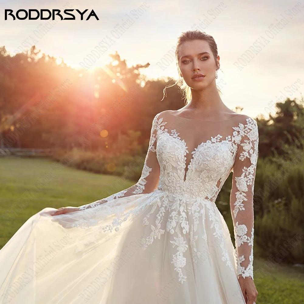 مجموعة اروين arwen & AJH GROUP  Pastrol Wedding Dresses For Woman Long Sleeves Illusion Back Scoop Bride Gowns Applique A-Line Tulle vestidos de novia