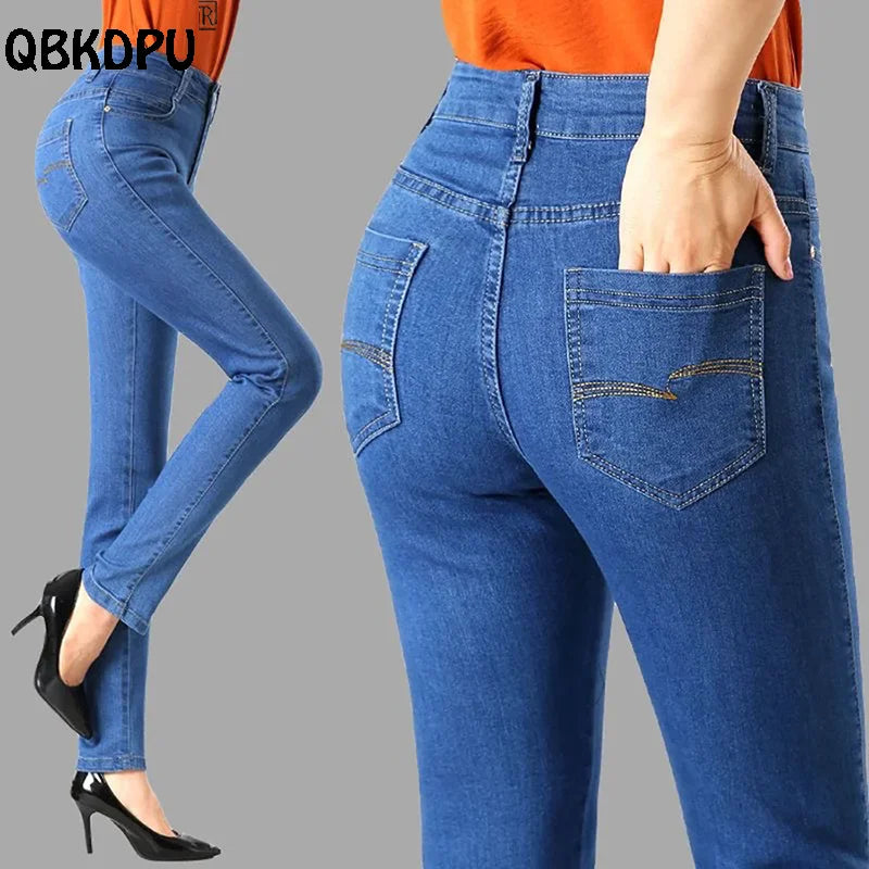 ARWEN AJH Casual High Waist Slim Straight Jeans Women Big Size 36 Skinny   Mom 2024 Embroidered Denim Pants   Cowboy Trousers