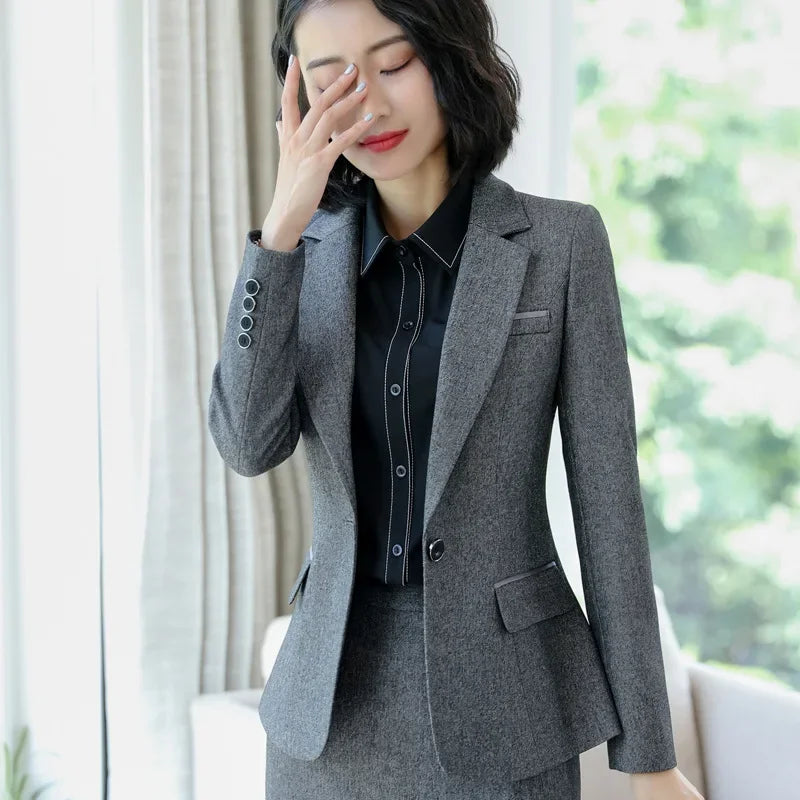 Spring Black Gray Blazer Set for Women Uniform Lady Work Outfit with Skirt Office Suits Female Formal Elegant 2 PCS