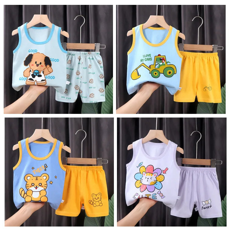 2PCS Children Clothing Vest Suit Children's Sets Summer Cotton T-Shirts Shorts Boys Girls Sleeveless Kids Clothes for baby