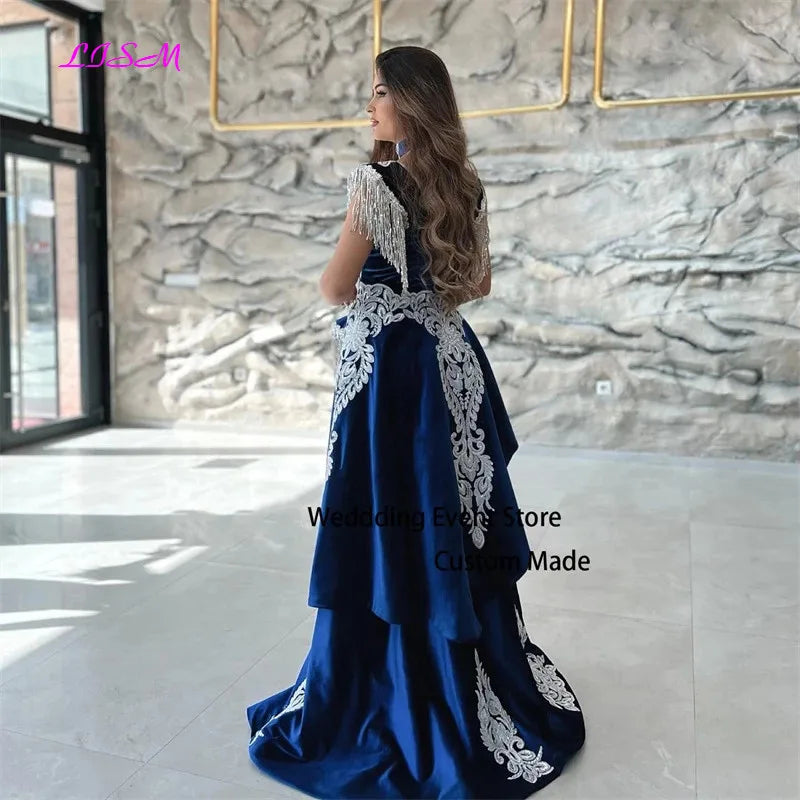 Moroccan Caftan Evening مجموعة أروين   Appliques Lace Cap Sleeve Royal Blue Mermaid Slit Velvet Arabic Prom Gowns Party Dress