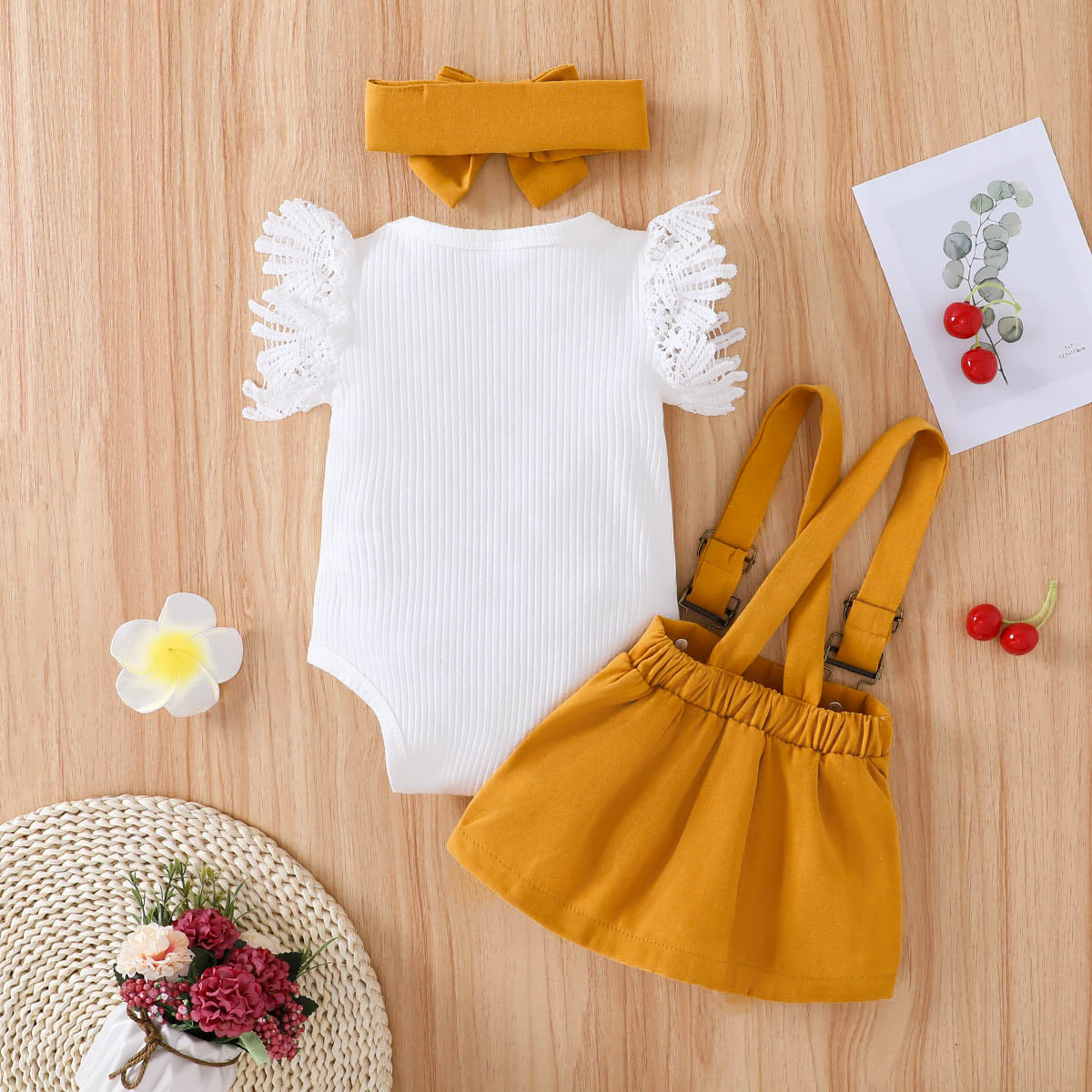 PatPat 3pcs Baby Girl Lace Flutter-sleeve Ribbed Romper and Suspender Skirt with Headband Set