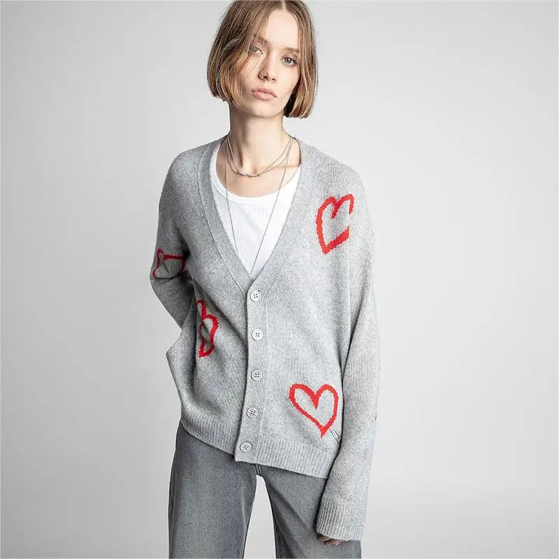 Zadig Cashmere Sweaters Women Loose Winter Cardigans Sweater Female New Fashion Grey Red Love Jacquard Casual V Neck Sweater Top